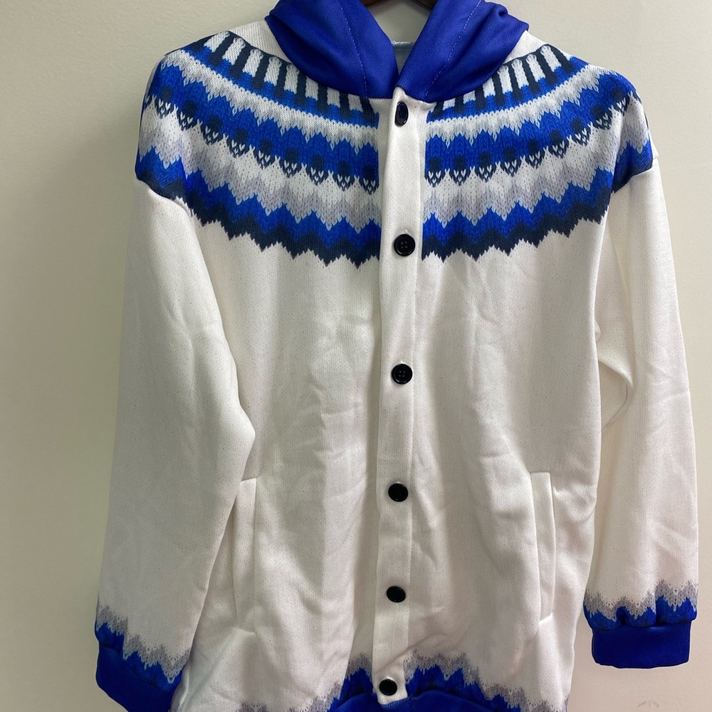 NWOT White Cardigan Hoodie with Blue Fair Isle Yoke